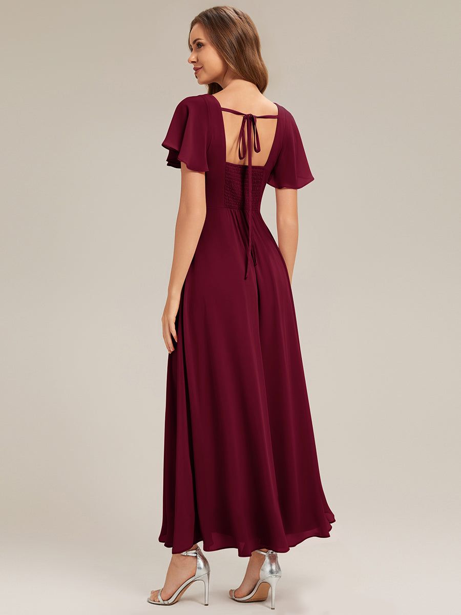 Kn?chellang A-Linien Chiffon Kleid Square Neck Raffung Gathered R¨¹ckenfrei Design #Farbe_Burgunderrot