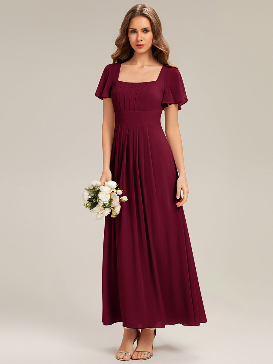 Kn?chellang A-Linien Chiffon Kleid Square Neck Raffung Gathered R¨¹ckenfrei Design #Farbe_Burgunderrot