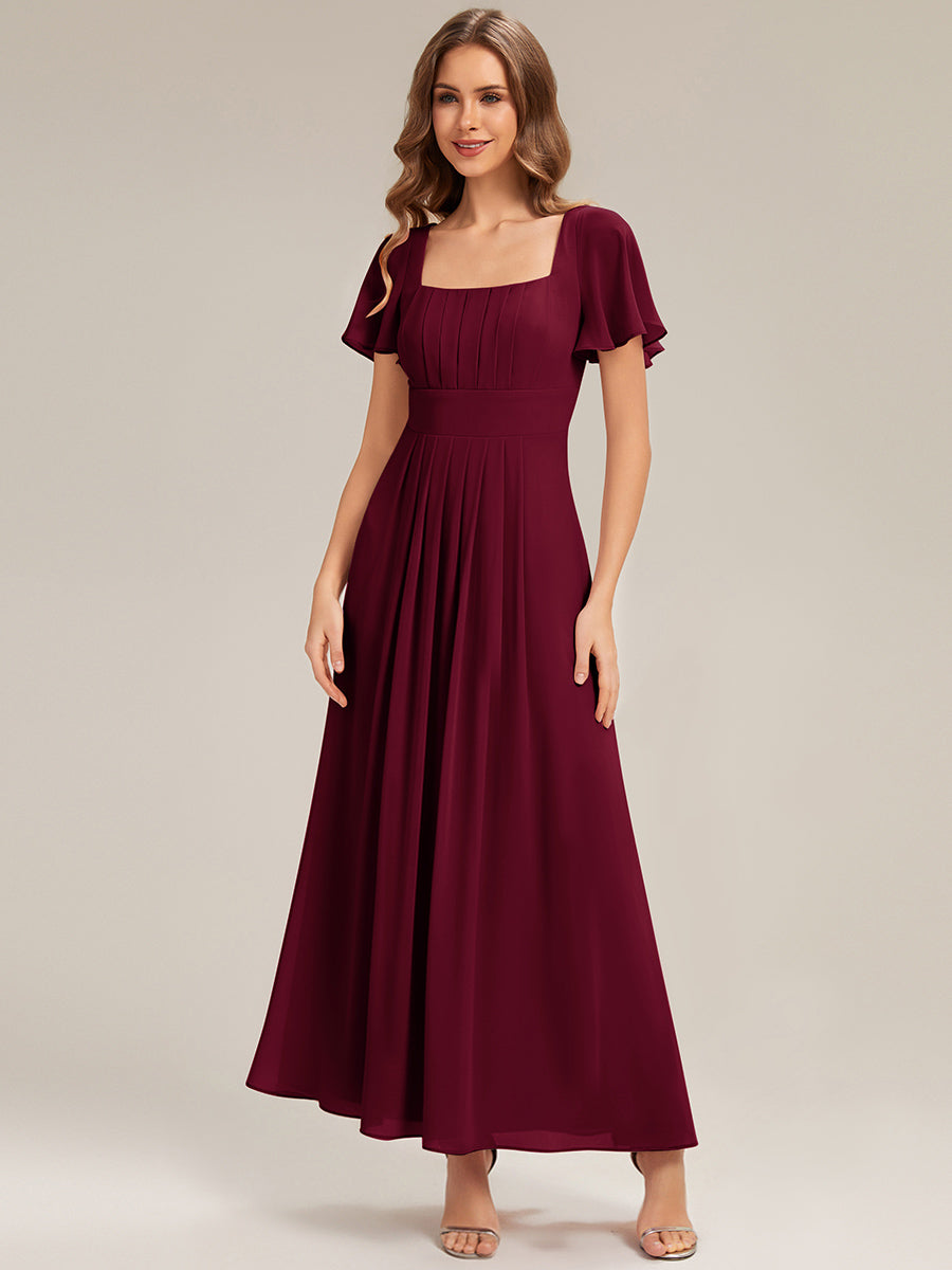 Kn?chellang A-Linien Chiffon Kleid Square Neck Raffung Gathered R¨¹ckenfrei Design #Farbe_Burgunderrot