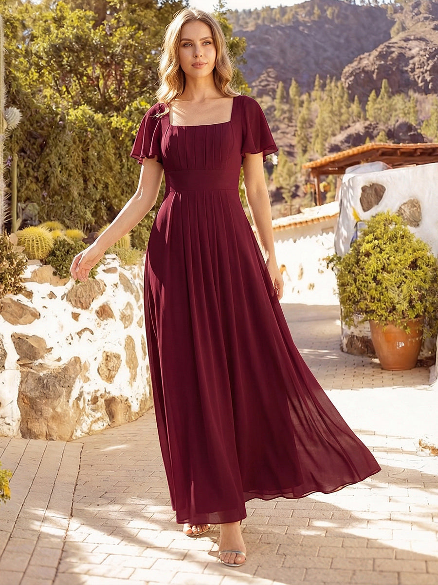 Kn?chellang A-Linien Chiffon Kleid Square Neck Raffung Gathered R¨¹ckenfrei Design #Farbe_Burgunderrot