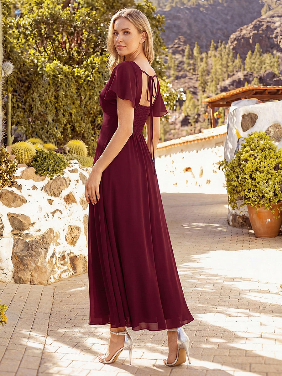 Kn?chellang A-Linien Chiffon Kleid Square Neck Raffung Gathered R¨¹ckenfrei Design #Farbe_Burgunderrot