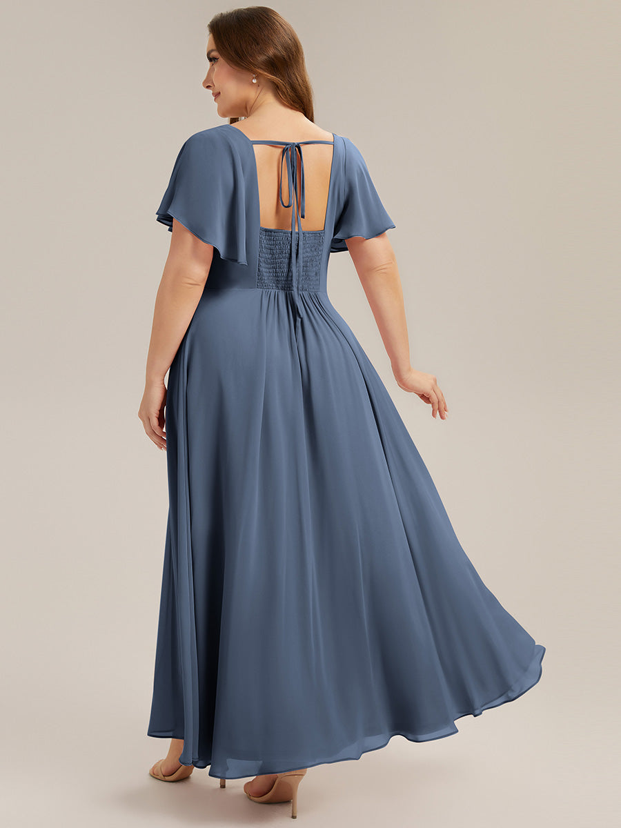 Kn?chellang A-Linien Chiffon Kleid Square Neck Raffung Gathered R¨¹ckenfrei Design #Farbe_Taubenblau