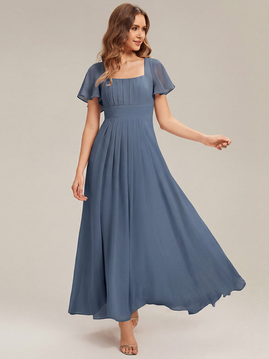 Kn?chellang A-Linien Chiffon Kleid Square Neck Raffung Gathered R¨¹ckenfrei Design #Farbe_Taubenblau