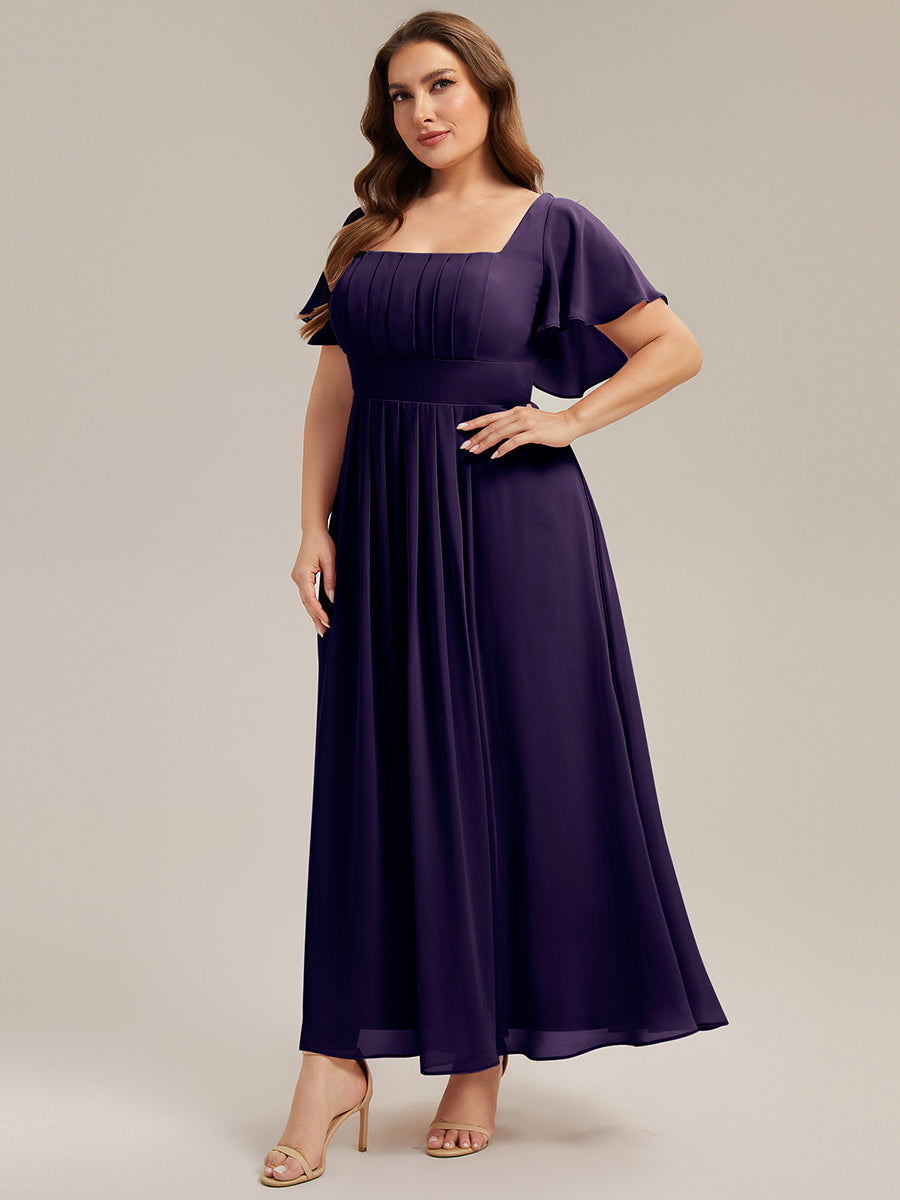 Kn?chellang A-Linien Chiffon Kleid Square Neck Raffung Gathered R¨¹ckenfrei Design #Farbe_Dunkelviolett