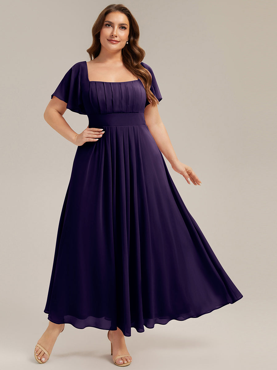 Kn?chellang A-Linien Chiffon Kleid Square Neck Raffung Gathered R¨¹ckenfrei Design #Farbe_Dunkelviolett