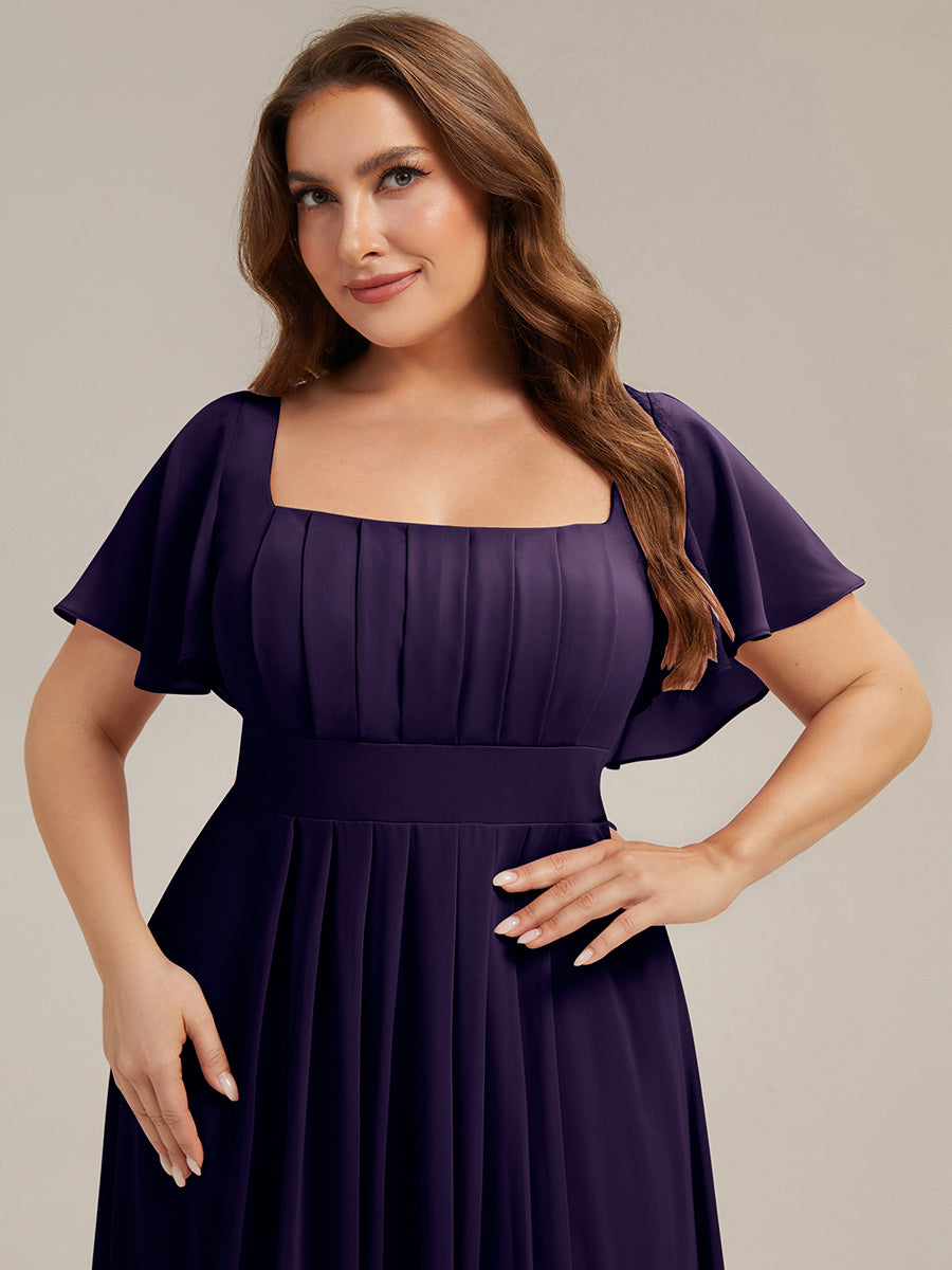Kn?chellang A-Linien Chiffon Kleid Square Neck Raffung Gathered R¨¹ckenfrei Design #Farbe_Dunkelviolett