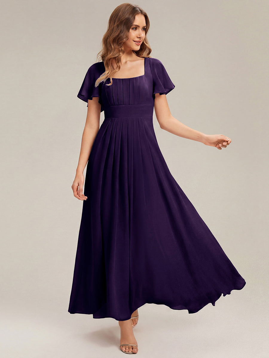 Kn?chellang A-Linien Chiffon Kleid Square Neck Raffung Gathered R¨¹ckenfrei Design #Farbe_Dunkelviolett