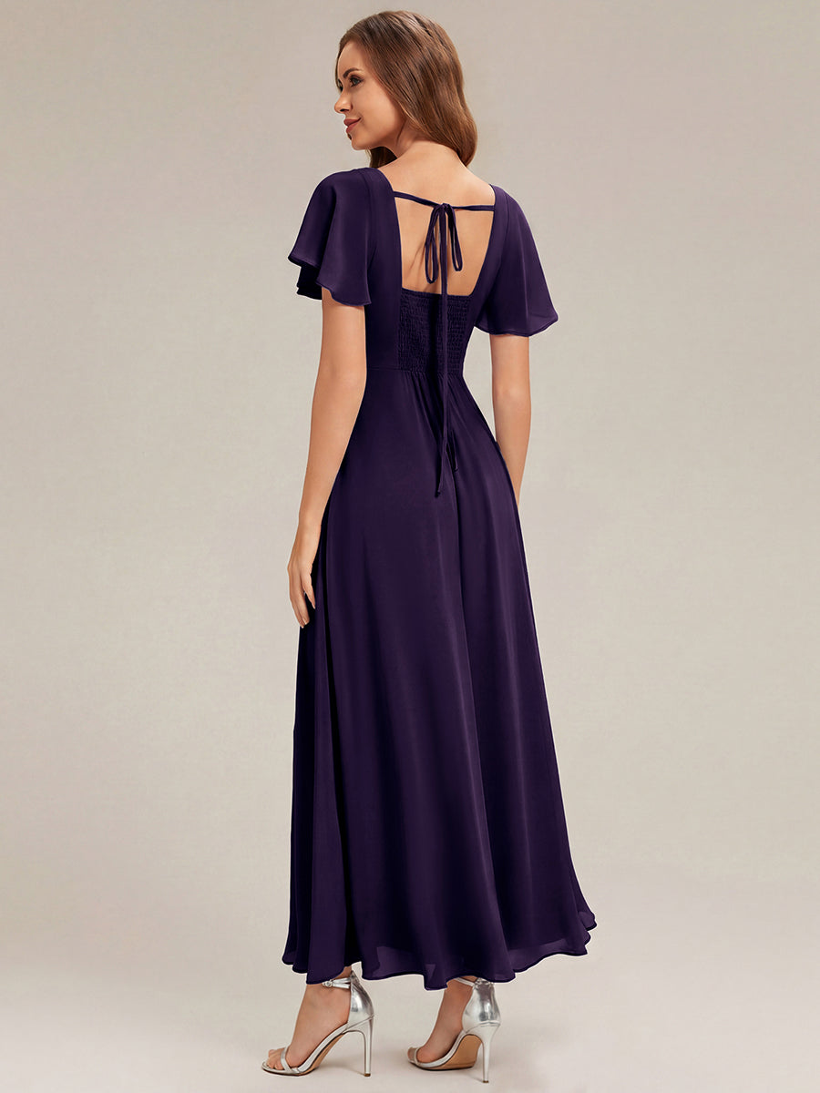 Kn?chellang A-Linien Chiffon Kleid Square Neck Raffung Gathered R¨¹ckenfrei Design #Farbe_Dunkelviolett