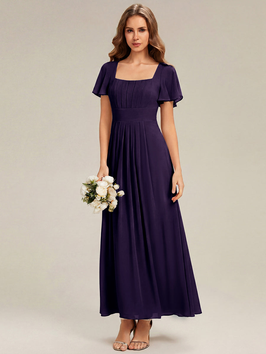 Kn?chellang A-Linien Chiffon Kleid Square Neck Raffung Gathered R¨¹ckenfrei Design #Farbe_Dunkelviolett
