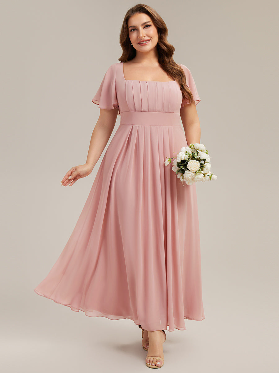 Kn?chellang A-Linien Chiffon Kleid Square Neck Raffung Gathered R¨¹ckenfrei Design #Farbe_Altrosa