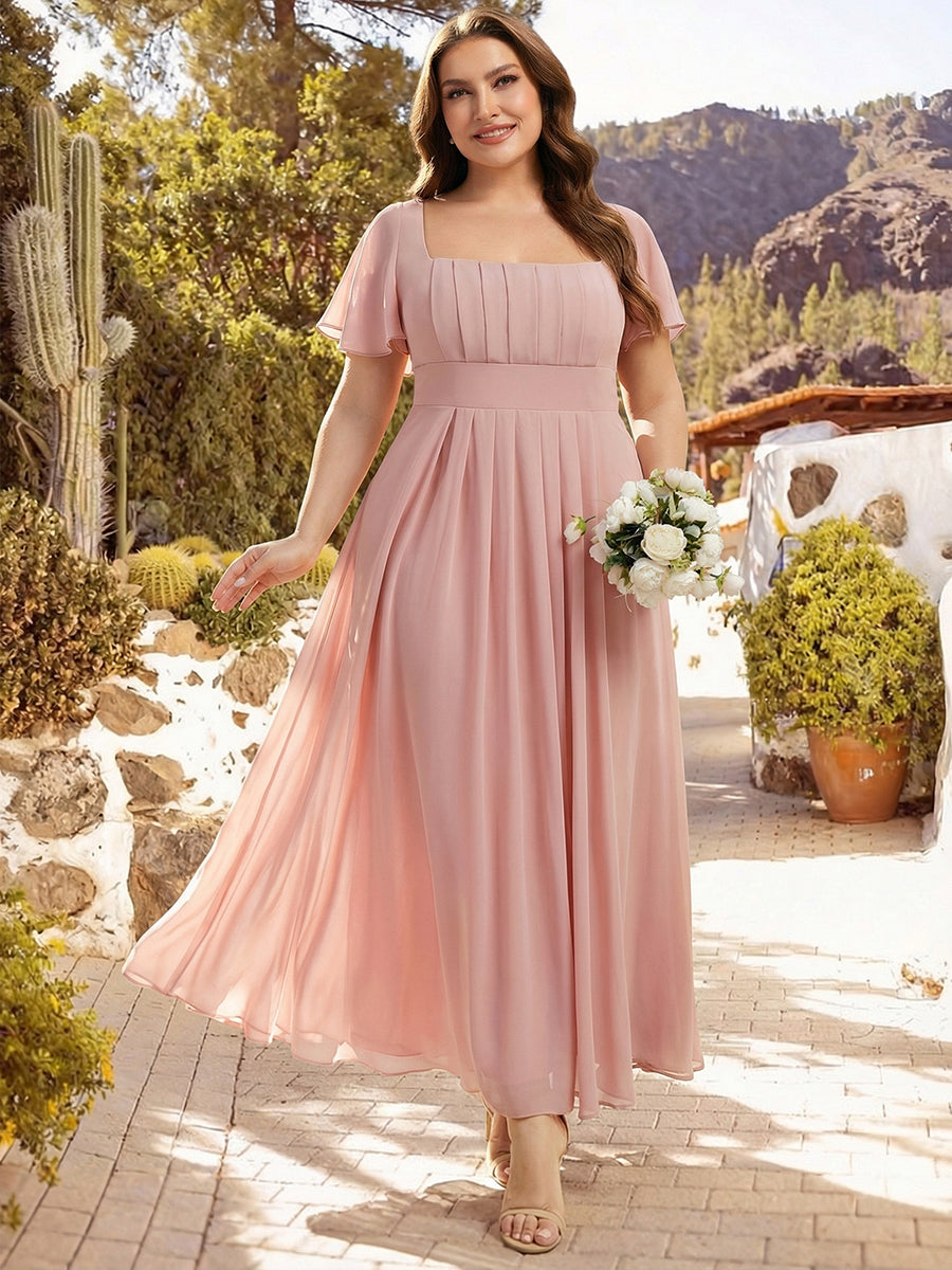Kn?chellang A-Linien Chiffon Kleid Square Neck Raffung Gathered R¨¹ckenfrei Design #Farbe_Altrosa