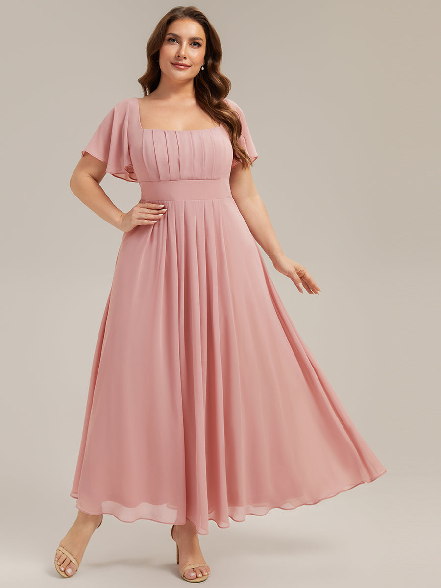 Kn?chellang A-Linien Chiffon Kleid Square Neck Raffung Gathered R¨¹ckenfrei Design #Farbe_Altrosa