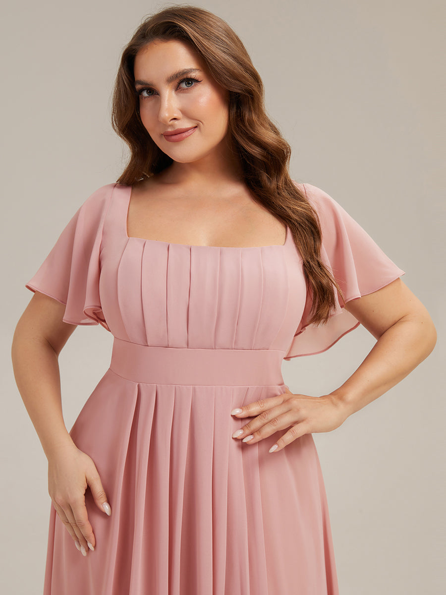 Kn?chellang A-Linien Chiffon Kleid Square Neck Raffung Gathered R¨¹ckenfrei Design #Farbe_Altrosa