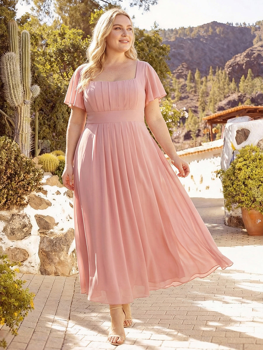Kn?chellang A-Linien Chiffon Kleid Square Neck Raffung Gathered R¨¹ckenfrei Design #Farbe_Altrosa