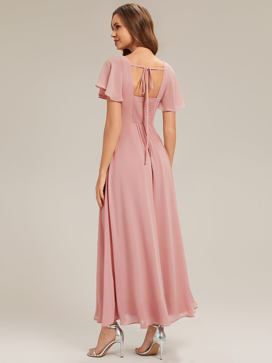 Kn?chellang A-Linien Chiffon Kleid Square Neck Raffung Gathered R¨¹ckenfrei Design #Farbe_Altrosa