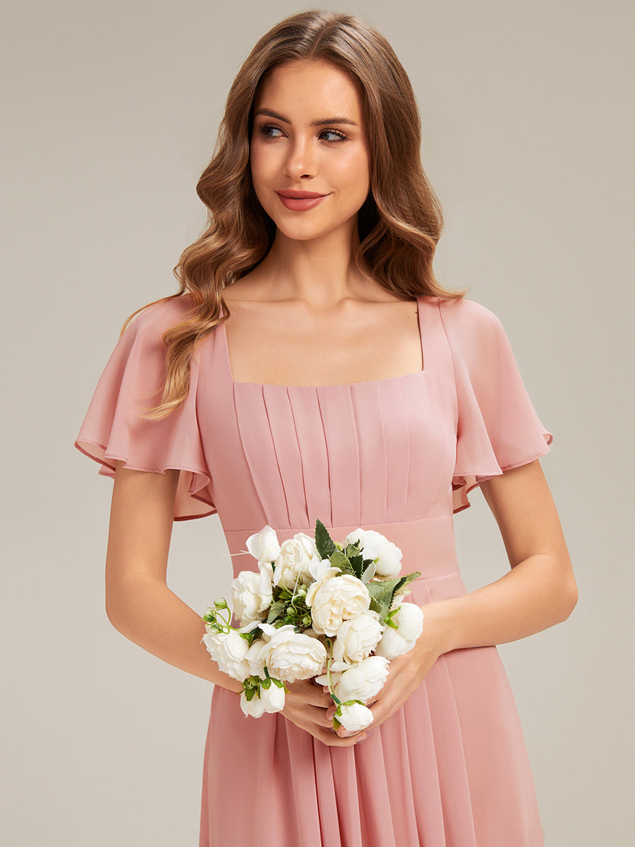 Kn?chellang A-Linien Chiffon Kleid Square Neck Raffung Gathered R¨¹ckenfrei Design #Farbe_Altrosa