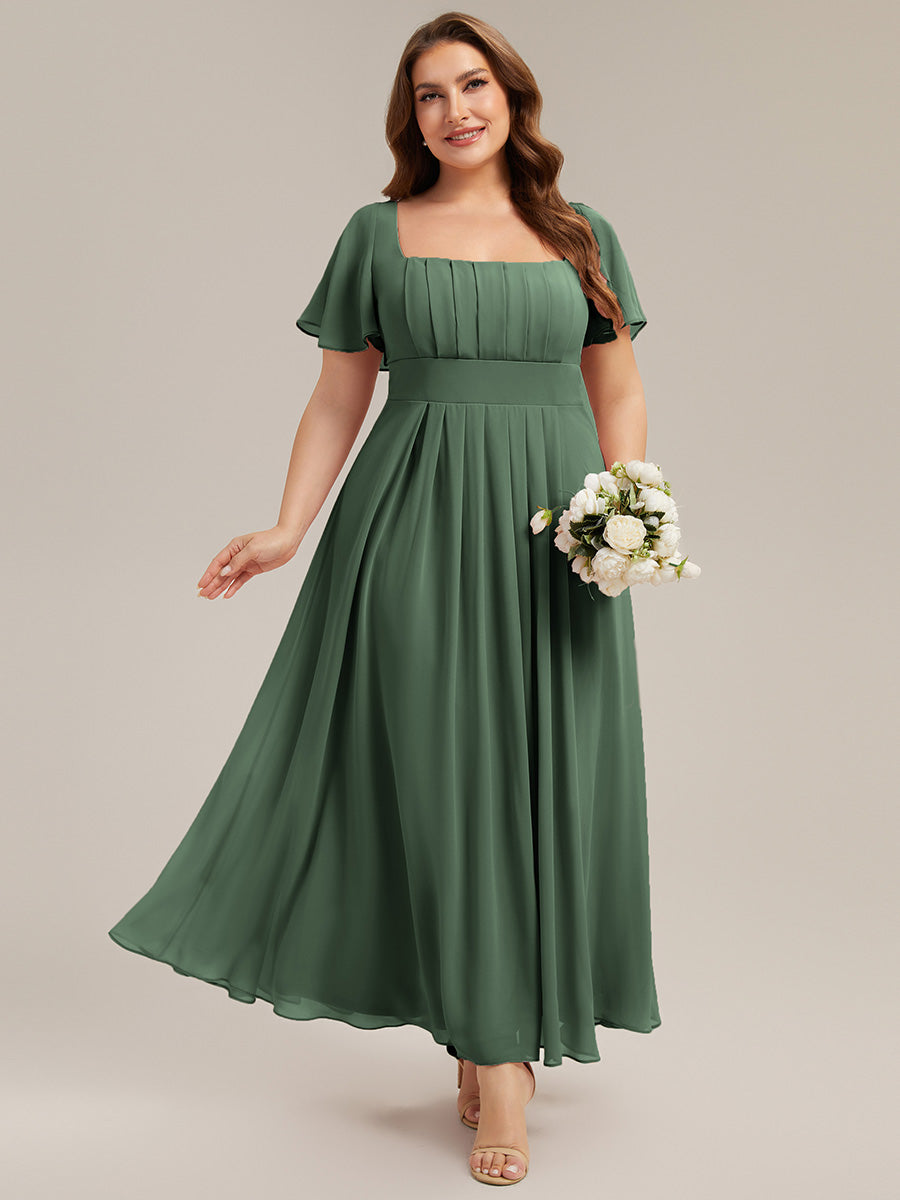 Kn?chellang A-Linien Chiffon Kleid Square Neck Raffung Gathered R¨¹ckenfrei Design #Farbe_Eukalyptus
