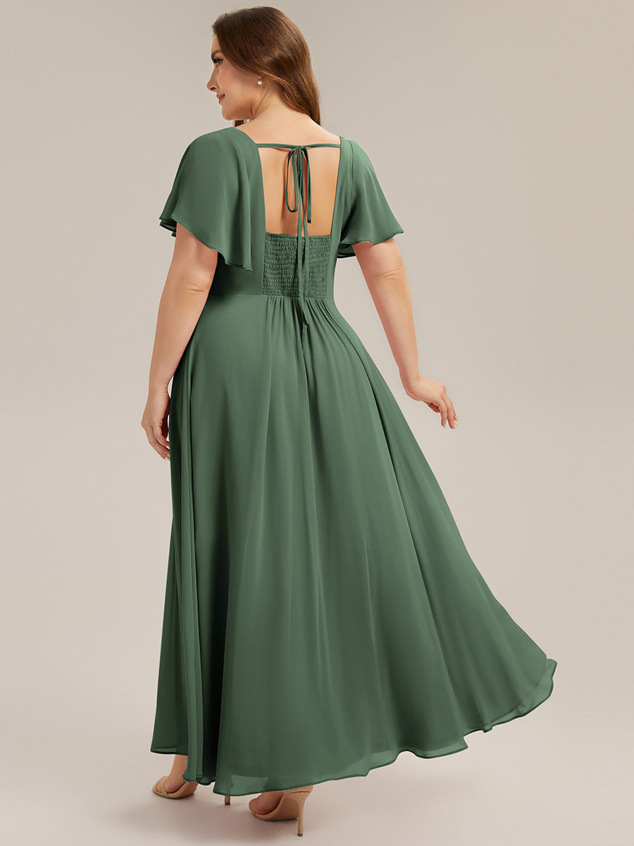 Kn?chellang A-Linien Chiffon Kleid Square Neck Raffung Gathered R¨¹ckenfrei Design #Farbe_Eukalyptus