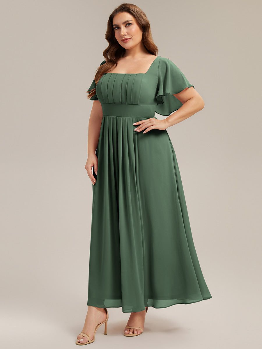 Kn?chellang A-Linien Chiffon Kleid Square Neck Raffung Gathered R¨¹ckenfrei Design #Farbe_Eukalyptus
