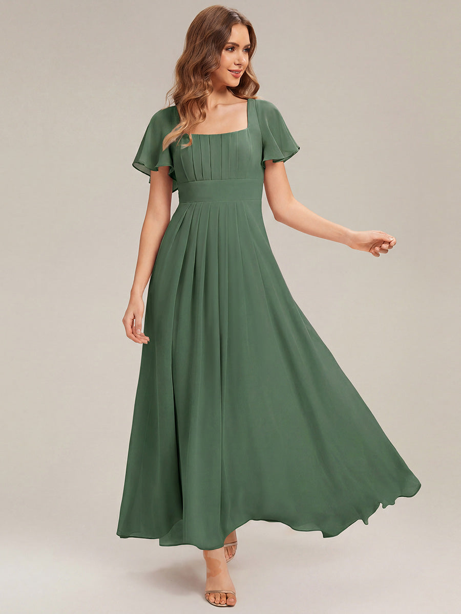 Kn?chellang A-Linien Chiffon Kleid Square Neck Raffung Gathered R¨¹ckenfrei Design #Farbe_Eukalyptus