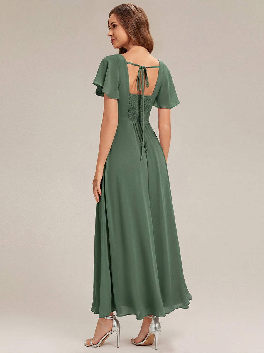 Kn?chellang A-Linien Chiffon Kleid Square Neck Raffung Gathered R¨¹ckenfrei Design #Farbe_Eukalyptus