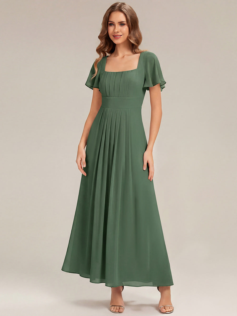 Kn?chellang A-Linien Chiffon Kleid Square Neck Raffung Gathered R¨¹ckenfrei Design #Farbe_Eukalyptus