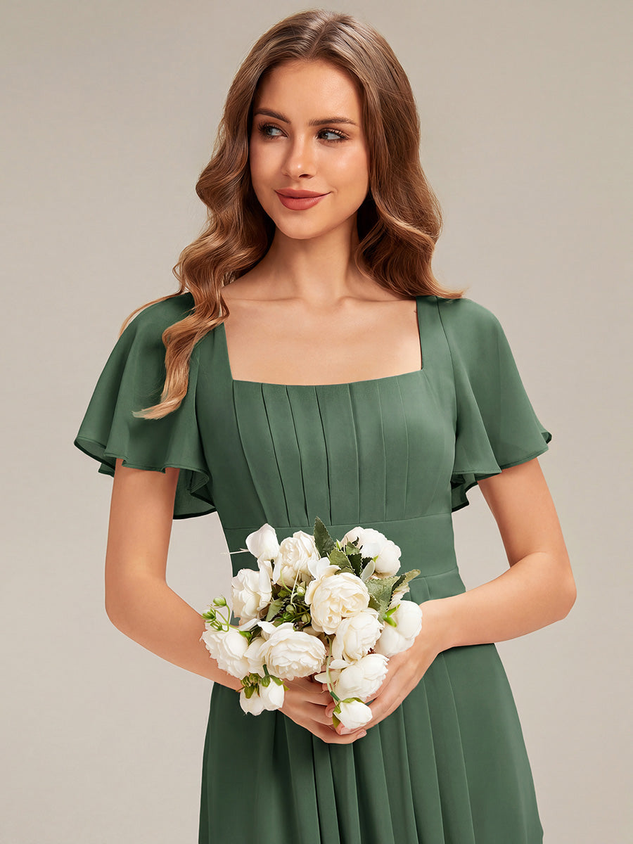 Kn?chellang A-Linien Chiffon Kleid Square Neck Raffung Gathered R¨¹ckenfrei Design #Farbe_Eukalyptus