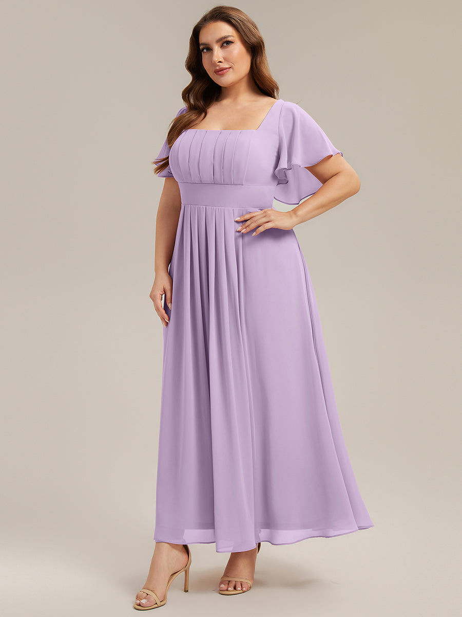 Kn?chellang A-Linien Chiffon Kleid Square Neck Raffung Gathered R¨¹ckenfrei Design #Farbe_Mattflieder