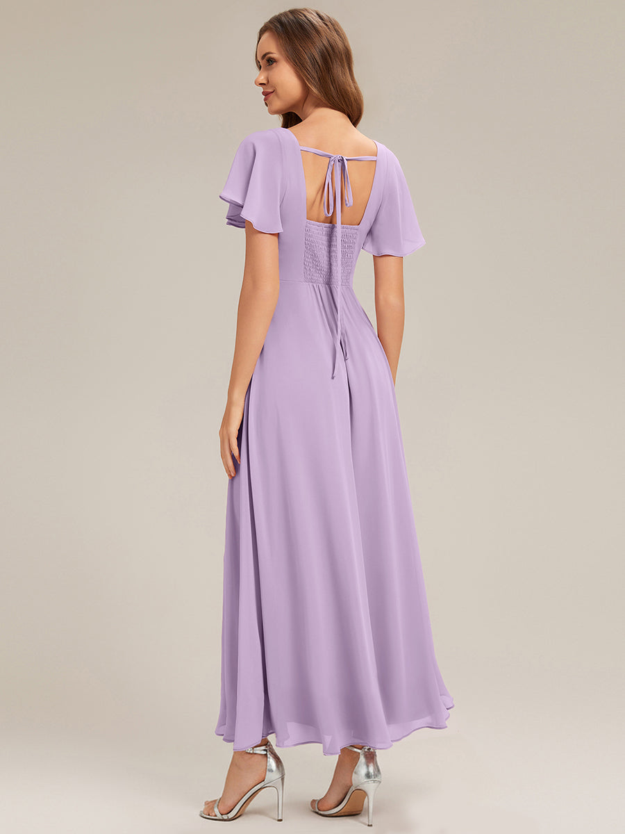 Kn?chellang A-Linien Chiffon Kleid Square Neck Raffung Gathered R¨¹ckenfrei Design #Farbe_Mattflieder