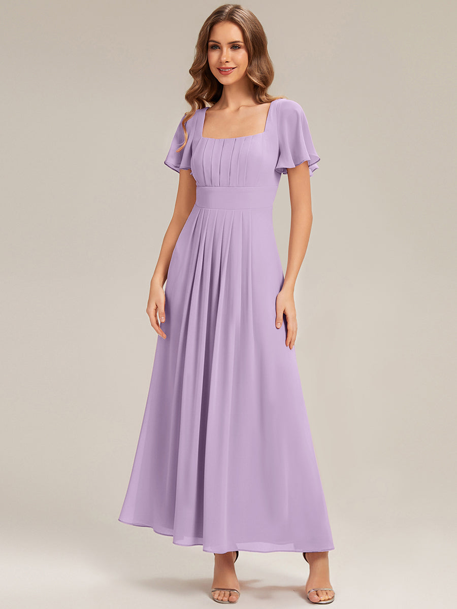 Kn?chellang A-Linien Chiffon Kleid Square Neck Raffung Gathered R¨¹ckenfrei Design #Farbe_Mattflieder