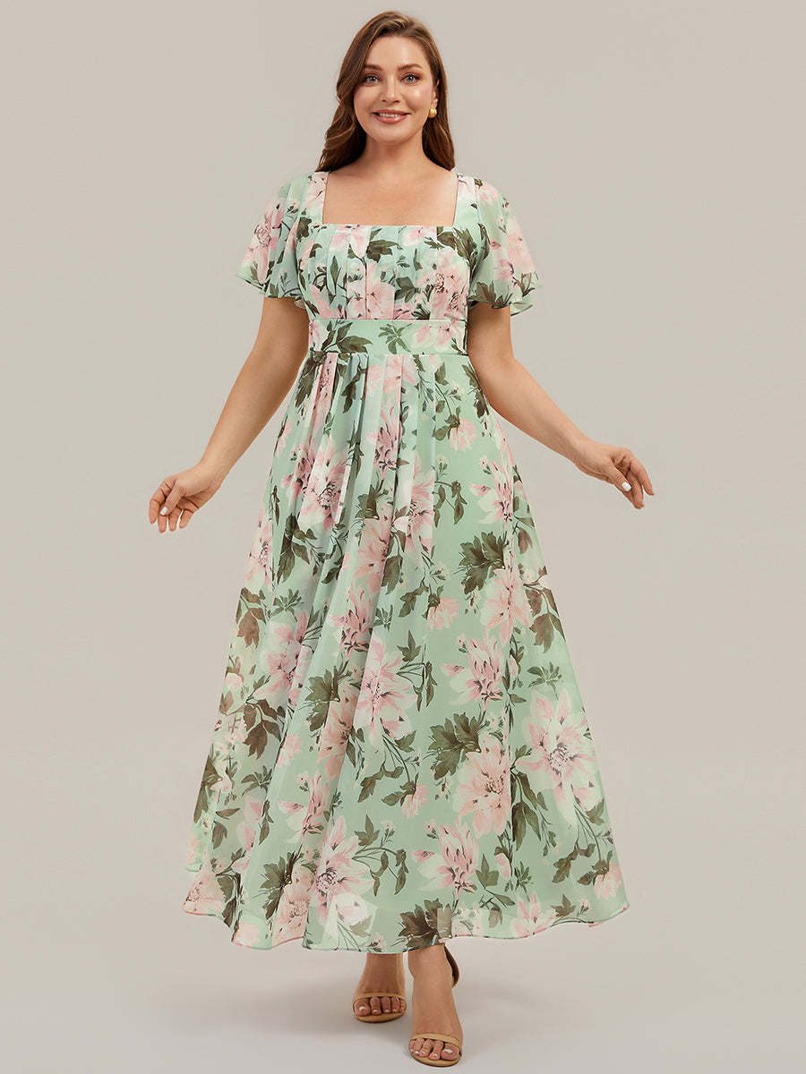 Kn?chellang A-Linien Chiffon Kleid Square Neck Raffung Gathered R¨¹ckenfrei Design #Farbe_Grüne Blüten