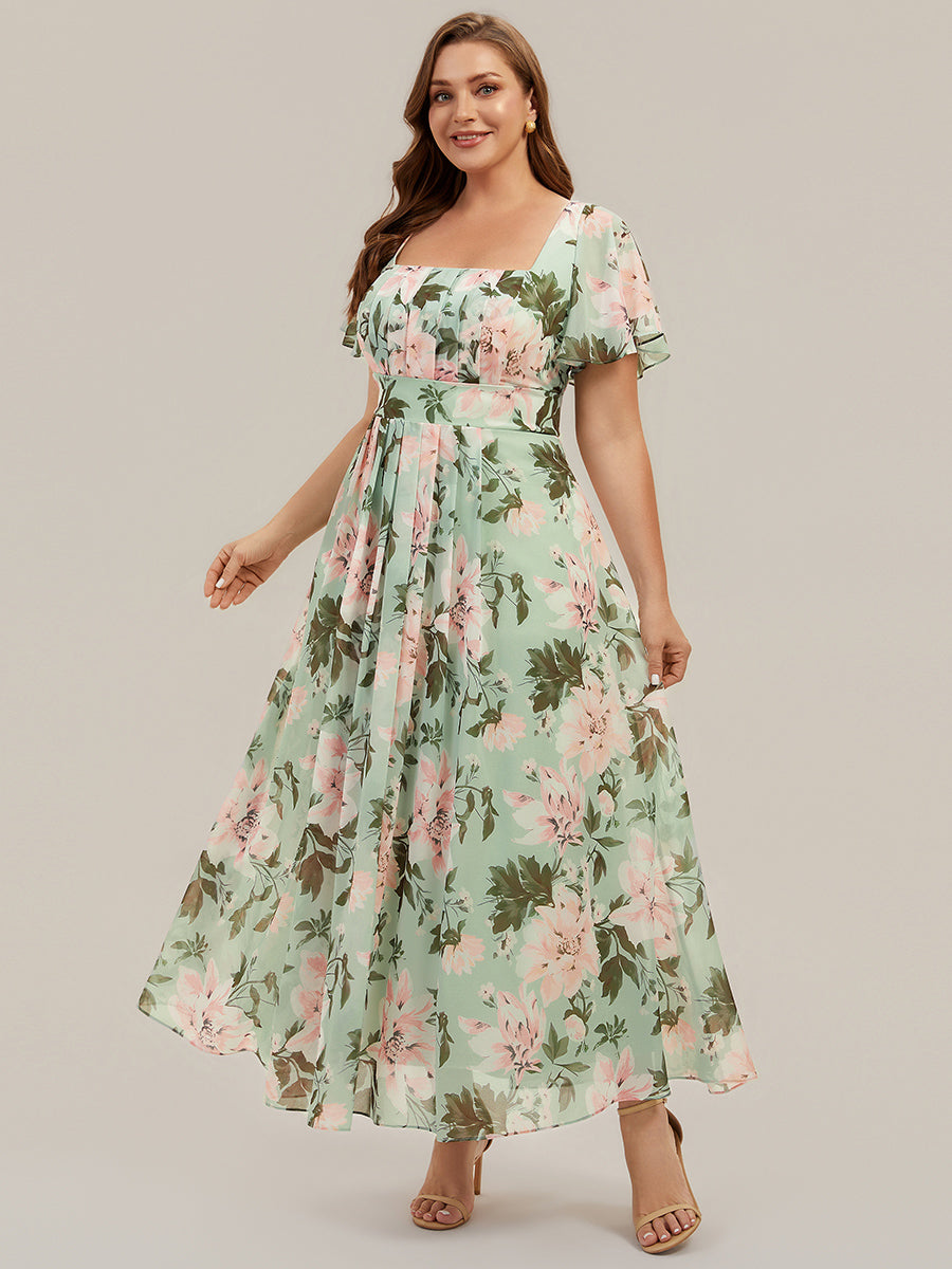 Kn?chellang A-Linien Chiffon Kleid Square Neck Raffung Gathered R¨¹ckenfrei Design #Farbe_Grüne Blüten