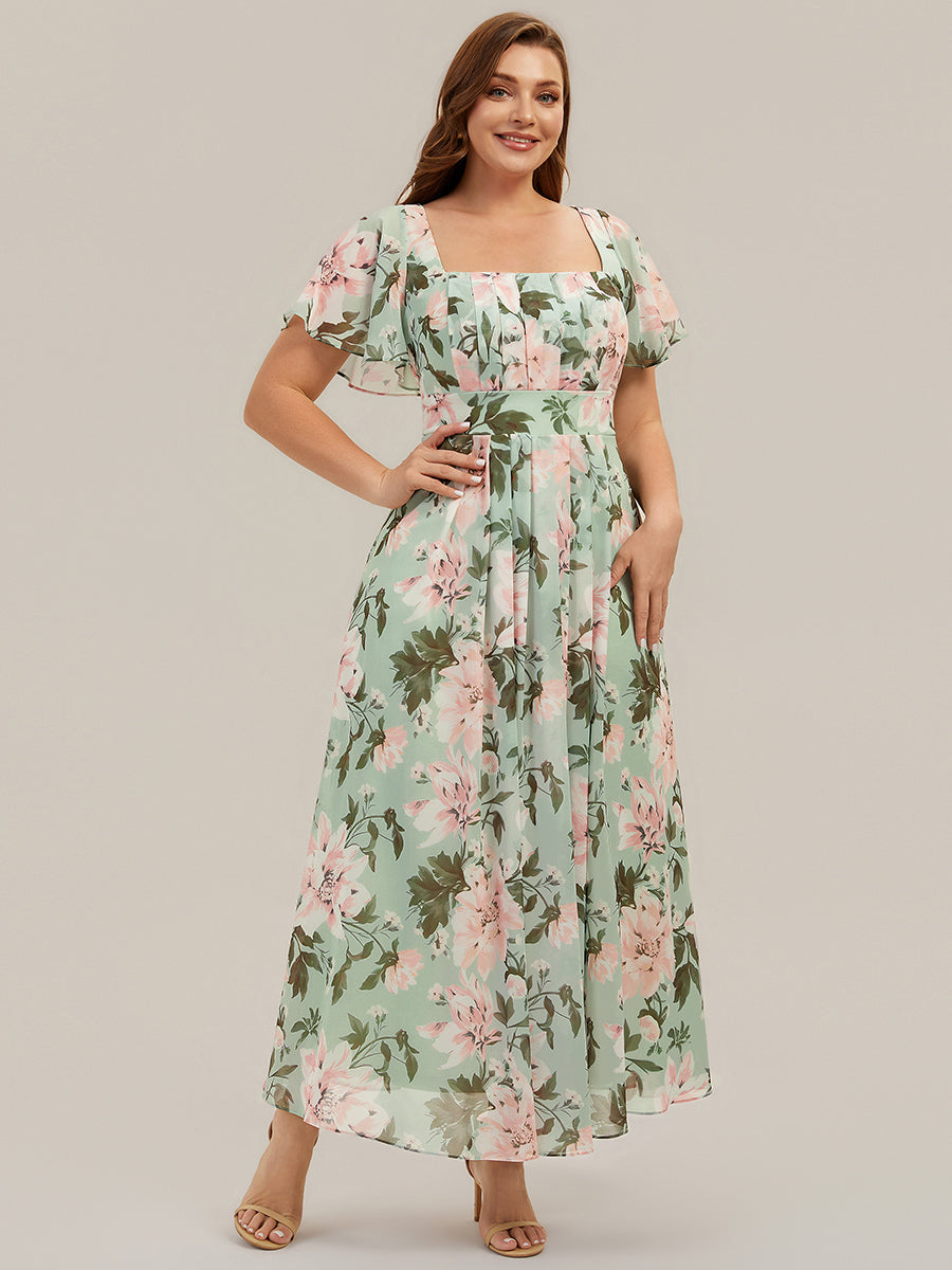 Kn?chellang A-Linien Chiffon Kleid Square Neck Raffung Gathered R¨¹ckenfrei Design #Farbe_Grüne Blüten