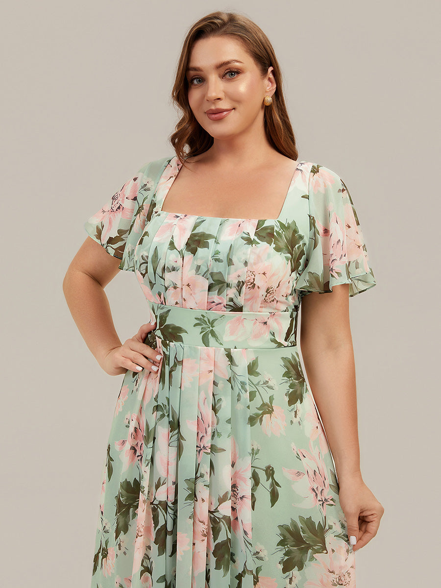Kn?chellang A-Linien Chiffon Kleid Square Neck Raffung Gathered R¨¹ckenfrei Design #Farbe_Grüne Blüten