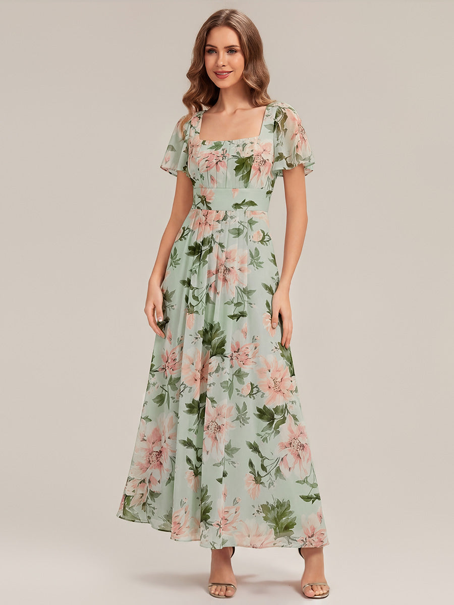 Kn?chellang A-Linien Chiffon Kleid Square Neck Raffung Gathered R¨¹ckenfrei Design #Farbe_Grüne Blüten