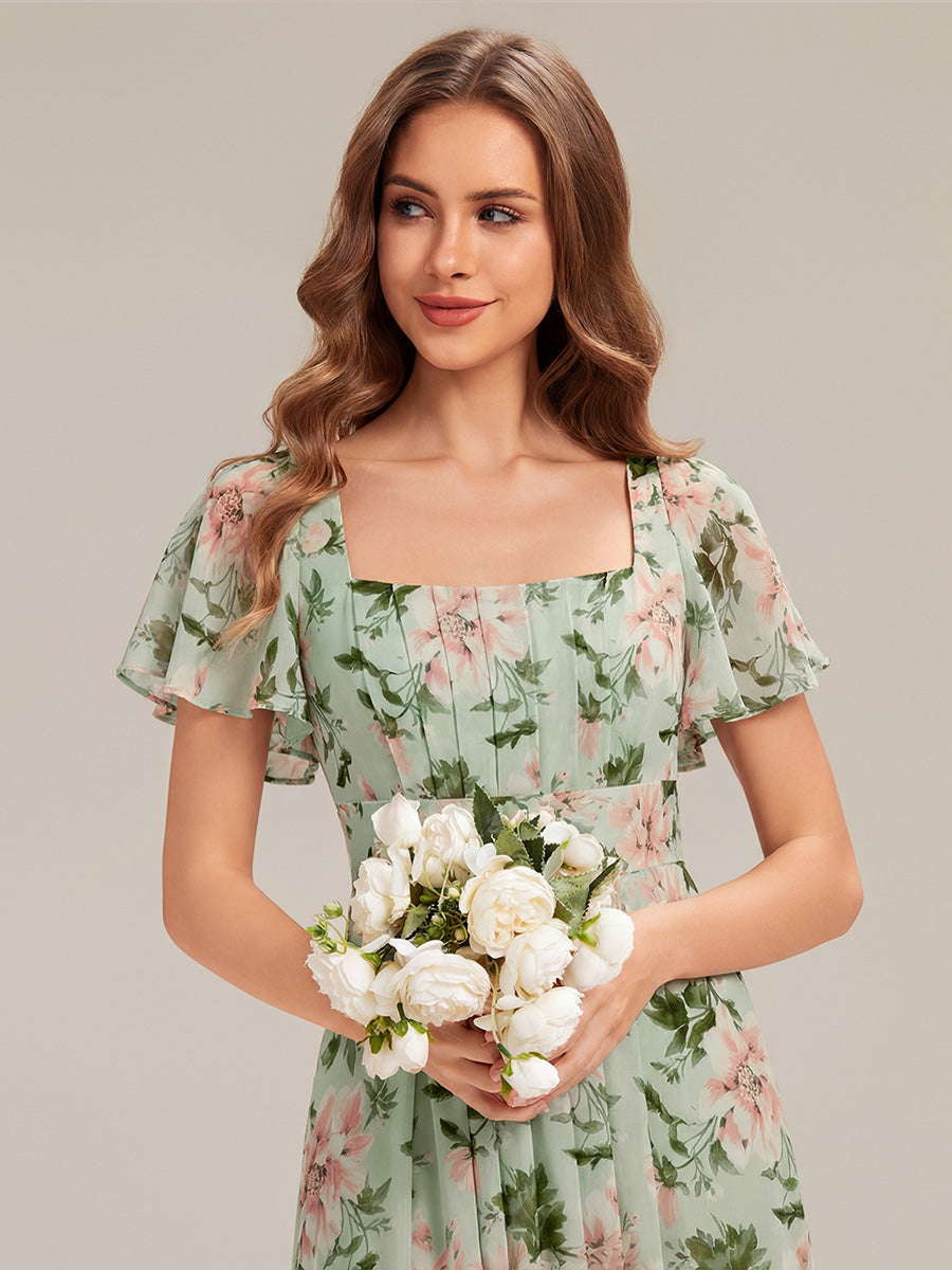 Kn?chellang A-Linien Chiffon Kleid Square Neck Raffung Gathered R¨¹ckenfrei Design #Farbe_Grüne Blüten