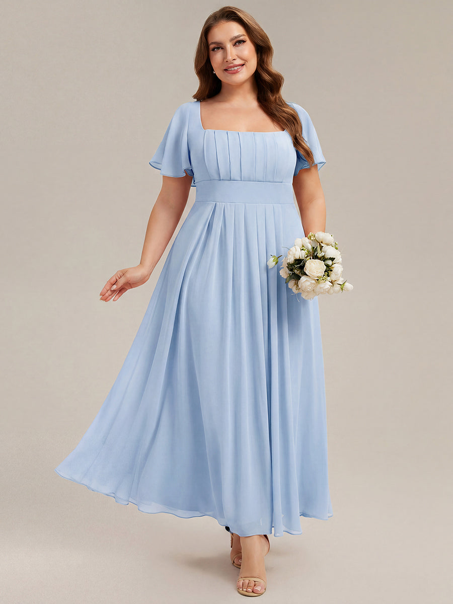 Kn?chellang A-Linien Chiffon Kleid Square Neck Raffung Gathered R¨¹ckenfrei Design #Farbe_Eisblau