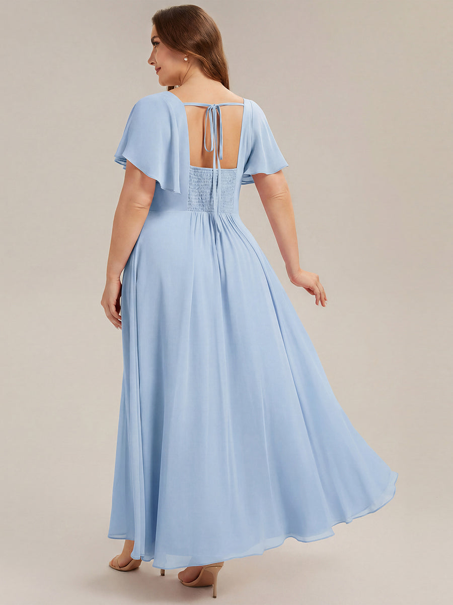 Kn?chellang A-Linien Chiffon Kleid Square Neck Raffung Gathered R¨¹ckenfrei Design #Farbe_Eisblau