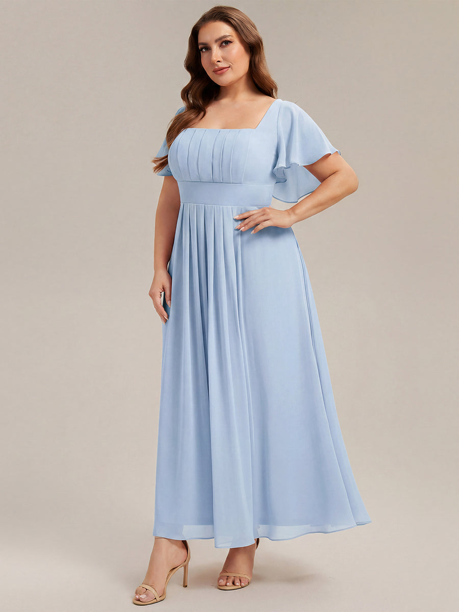 Kn?chellang A-Linien Chiffon Kleid Square Neck Raffung Gathered R¨¹ckenfrei Design #Farbe_Eisblau