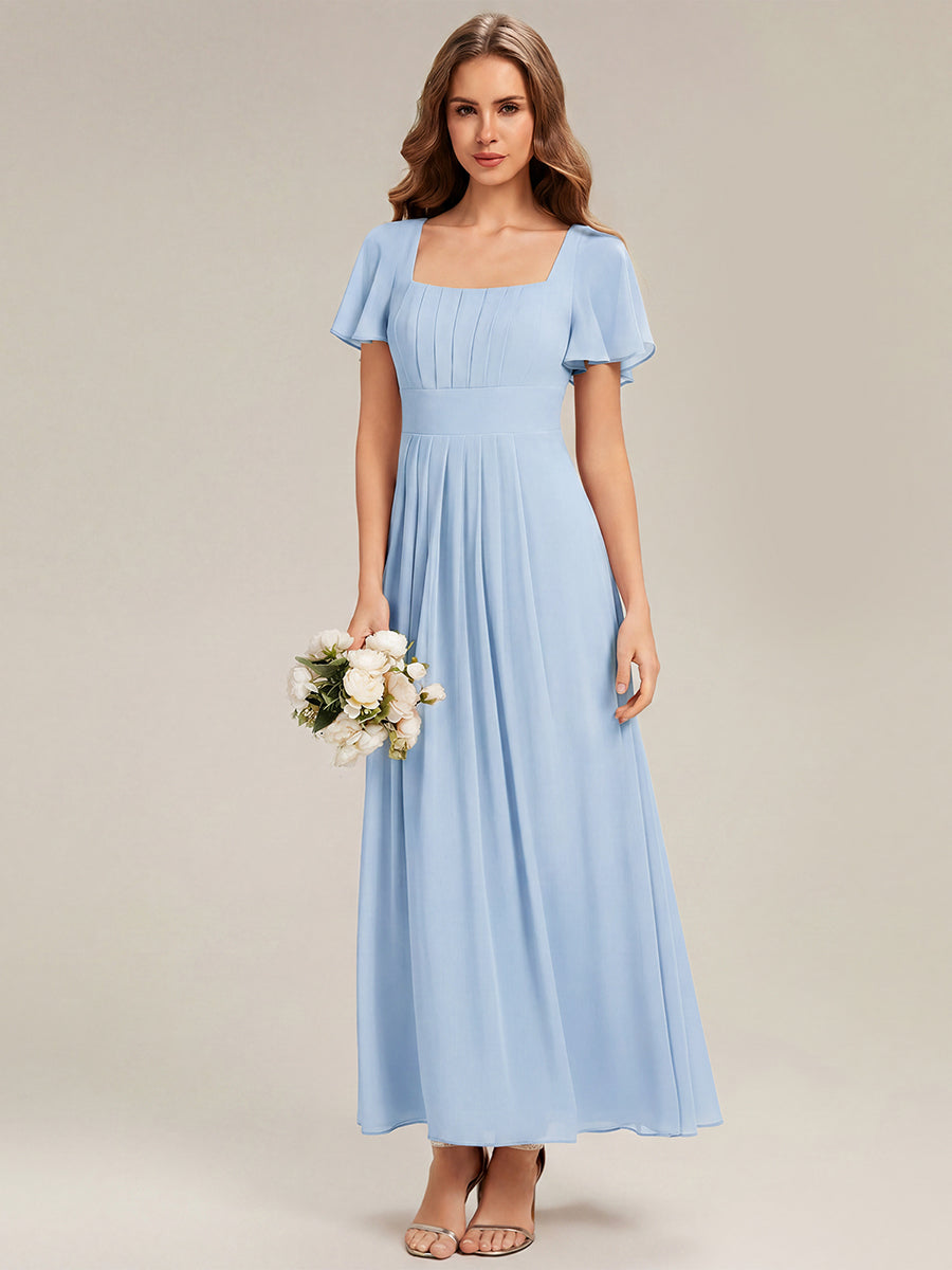 Kn?chellang A-Linien Chiffon Kleid Square Neck Raffung Gathered R¨¹ckenfrei Design #Farbe_Eisblau