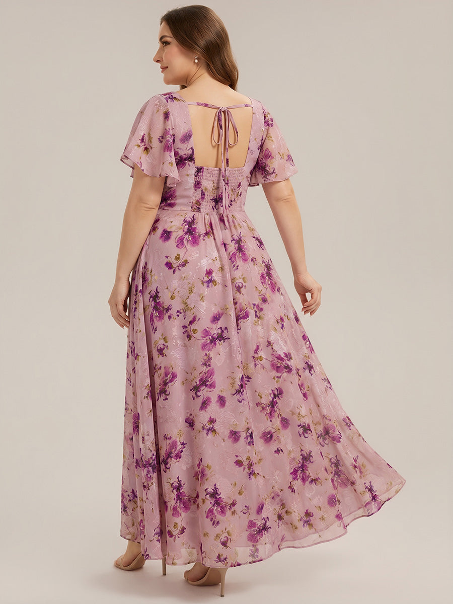 Kn?chellang A-Linien Chiffon Kleid Square Neck Raffung Gathered R¨¹ckenfrei Design #Farbe_Helllila mit Print