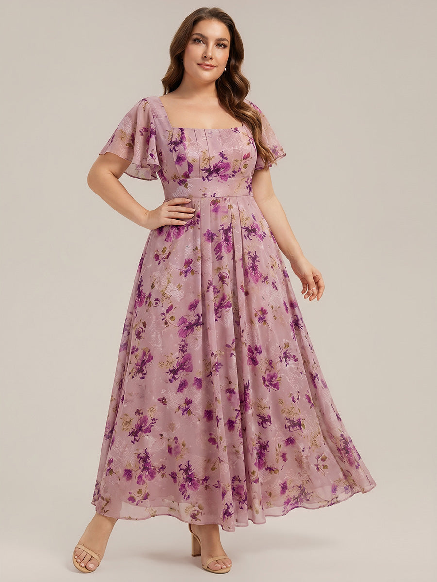 Kn?chellang A-Linien Chiffon Kleid Square Neck Raffung Gathered R¨¹ckenfrei Design #Farbe_Helllila mit Print