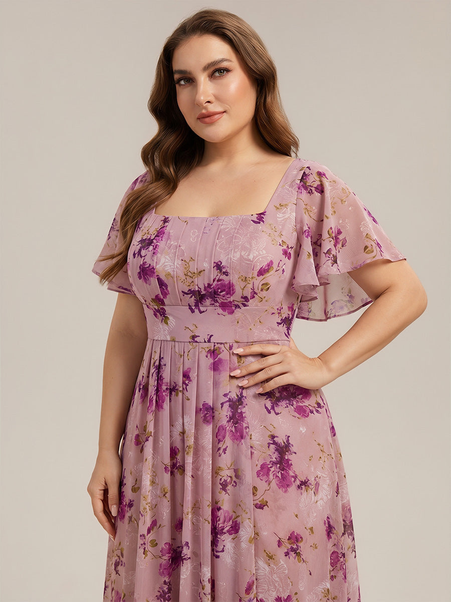 Kn?chellang A-Linien Chiffon Kleid Square Neck Raffung Gathered R¨¹ckenfrei Design #Farbe_Helllila mit Print