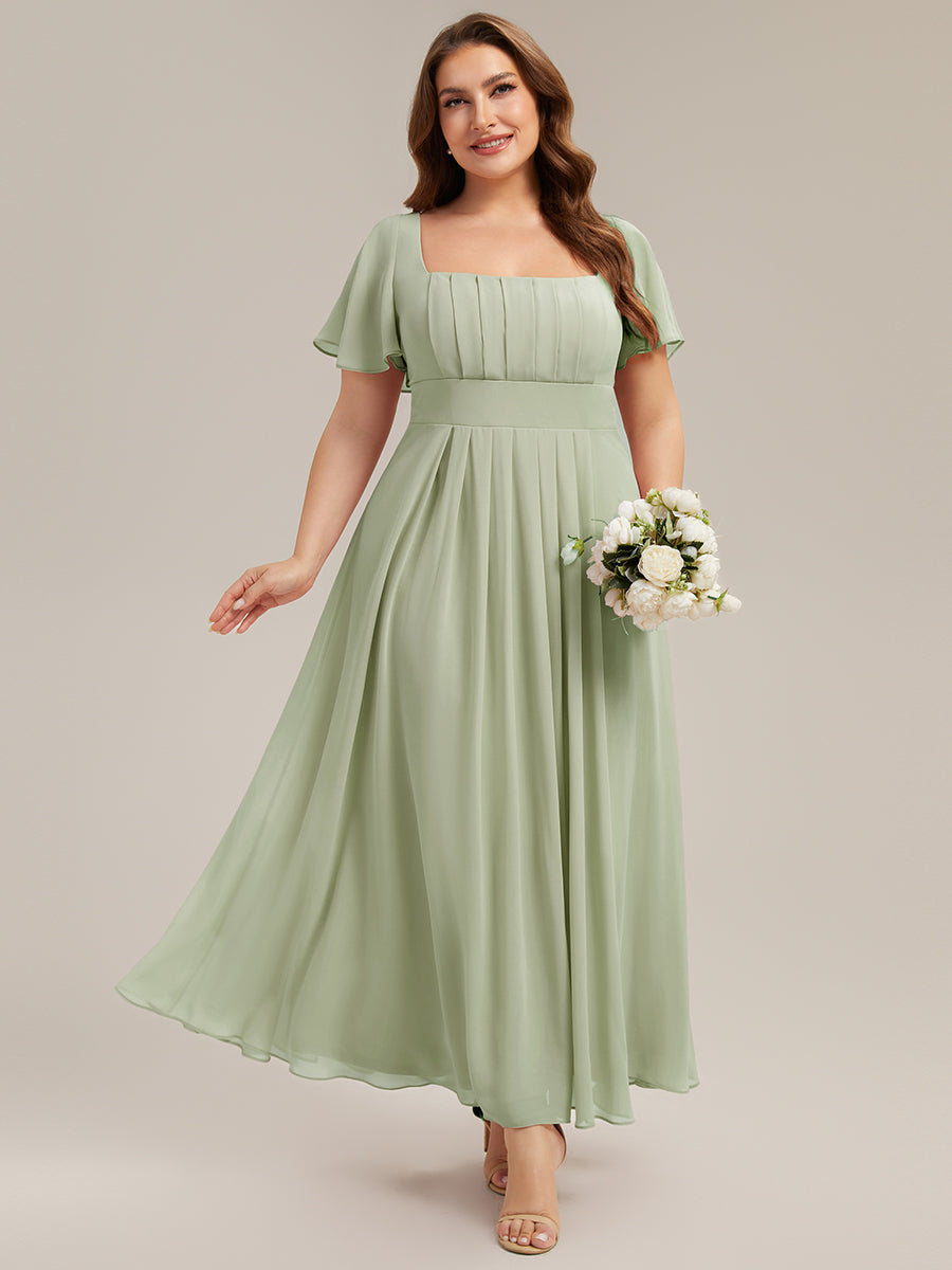 Kn?chellang A-Linien Chiffon Kleid Square Neck Raffung Gathered R¨¹ckenfrei Design #Farbe_Mintgrün