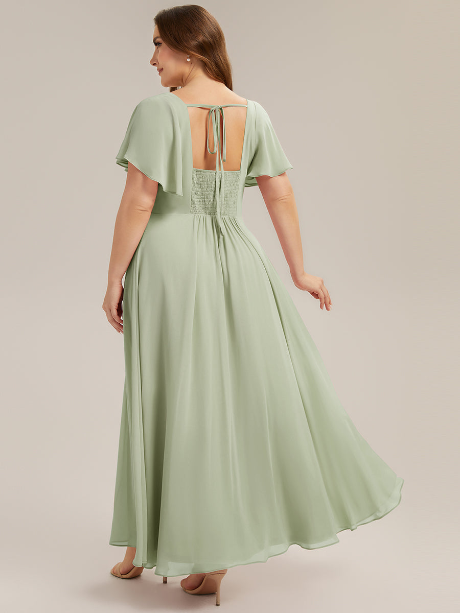 Kn?chellang A-Linien Chiffon Kleid Square Neck Raffung Gathered R¨¹ckenfrei Design #Farbe_Mintgrün