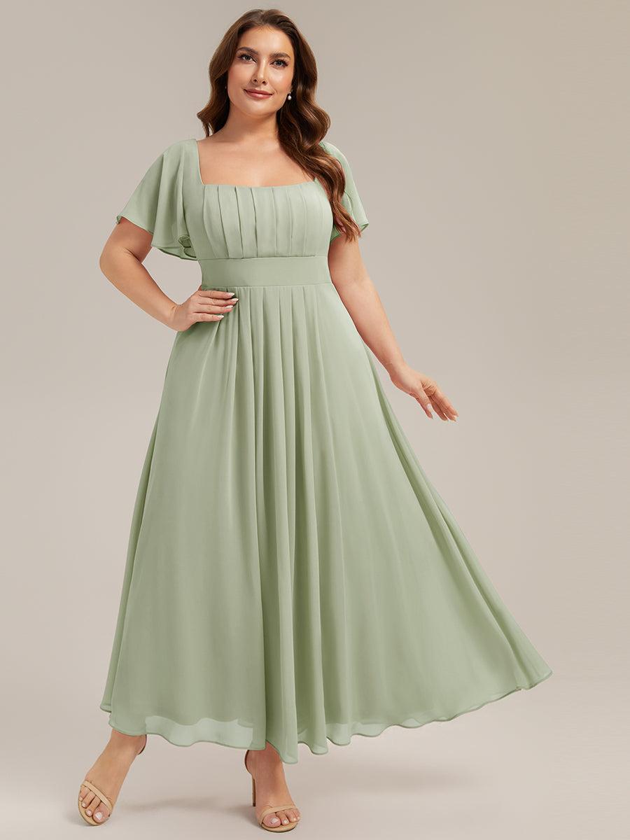 Kn?chellang A-Linien Chiffon Kleid Square Neck Raffung Gathered R¨¹ckenfrei Design #Farbe_Mintgrün