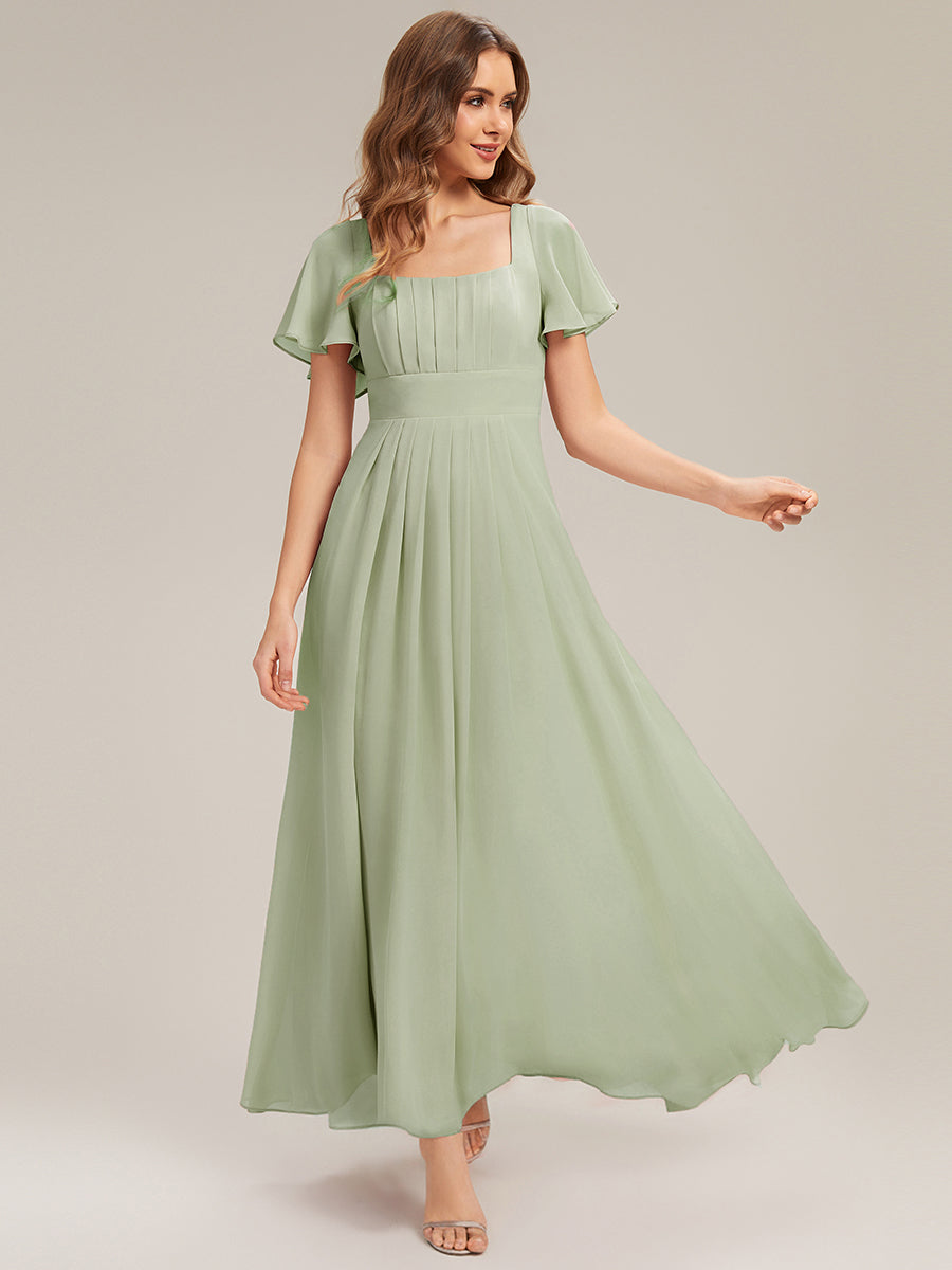 Kn?chellang A-Linien Chiffon Kleid Square Neck Raffung Gathered R¨¹ckenfrei Design #Farbe_Mintgrün