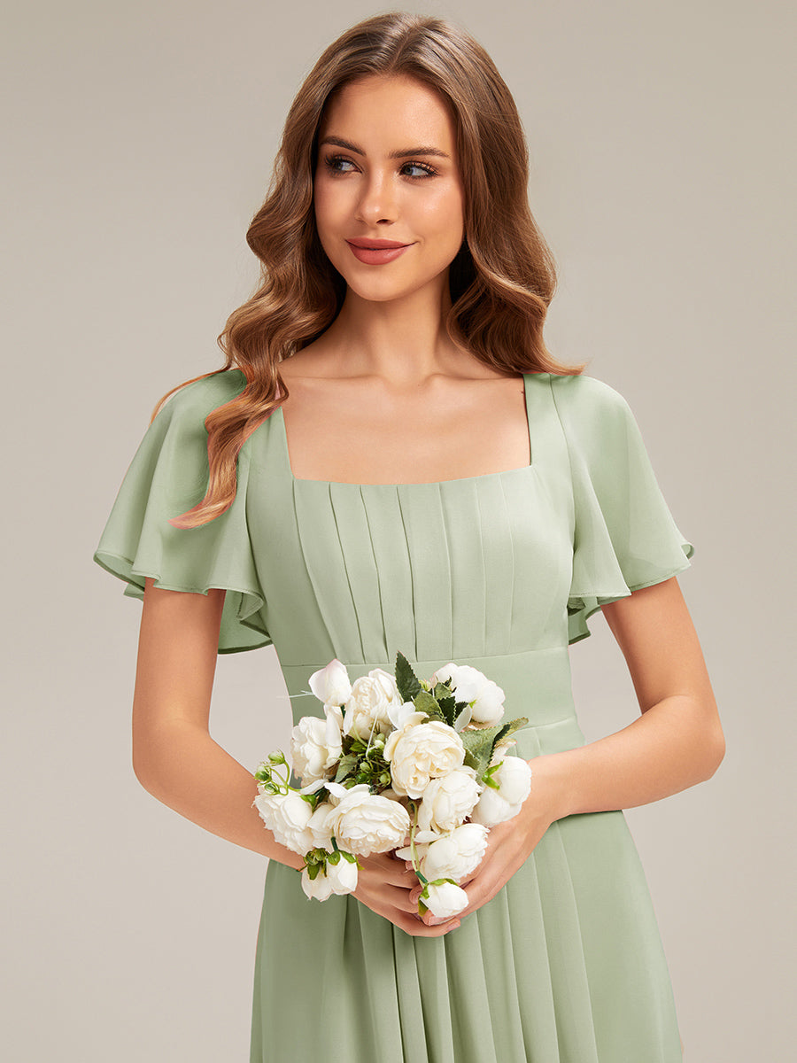 Kn?chellang A-Linien Chiffon Kleid Square Neck Raffung Gathered R¨¹ckenfrei Design #Farbe_Mintgrün