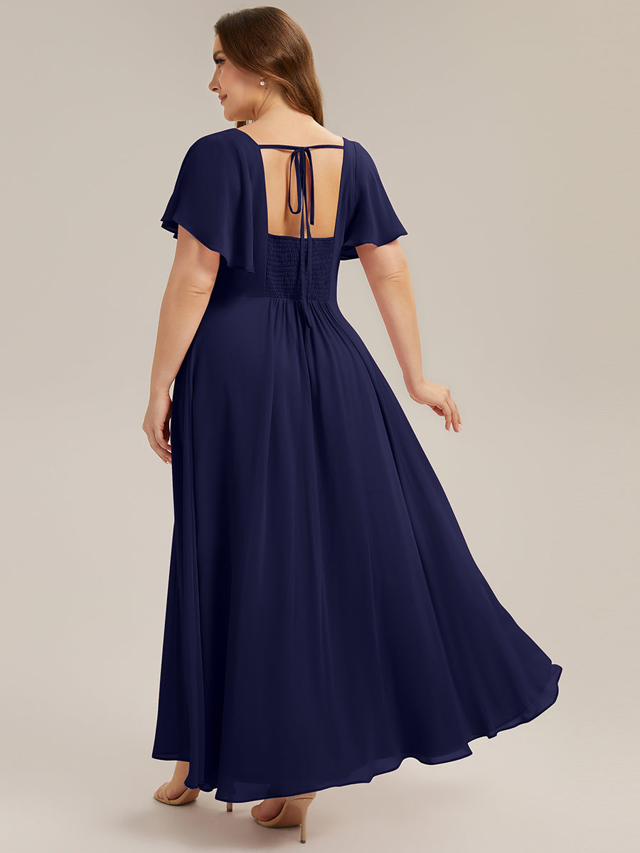 Kn?chellang A-Linien Chiffon Kleid Square Neck Raffung Gathered R¨¹ckenfrei Design #Farbe_Marineblau