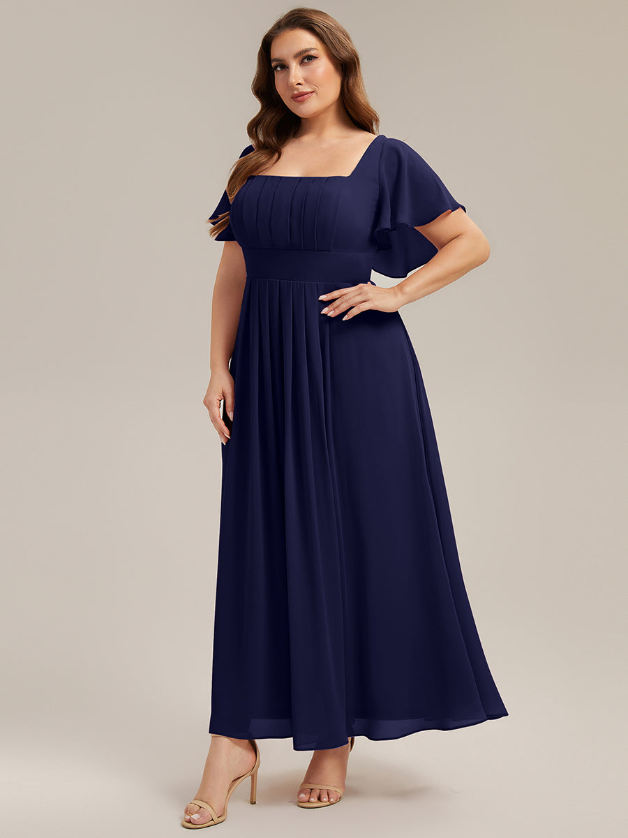 Kn?chellang A-Linien Chiffon Kleid Square Neck Raffung Gathered R¨¹ckenfrei Design #Farbe_Marineblau